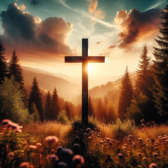 Christian cross at sunset, symbolizing the sacrifice Jesus made for sins.