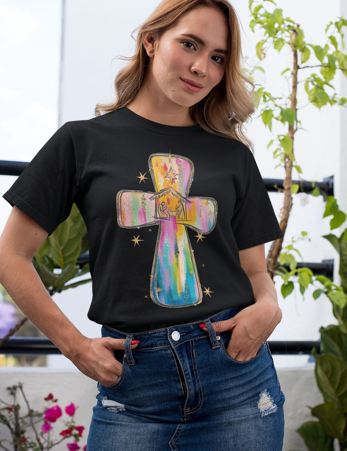 Religious Christmas Tshirt Pink Jesus Cross