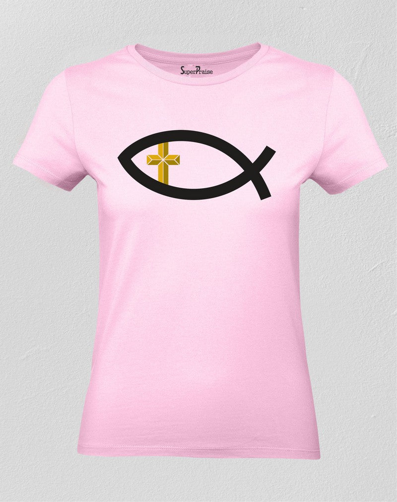 Christian Women T Shirt Early Fish Sign Cross Pink tee