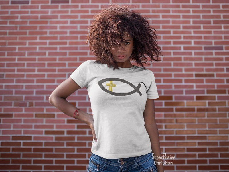 Christian Women T Shirt Early Fish Sign Cross Ladies tee